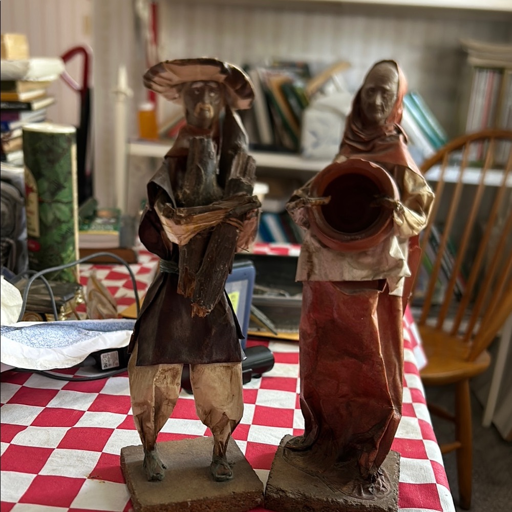Handcrafted Rustic Clay Folk Art Pair - Red and Brown